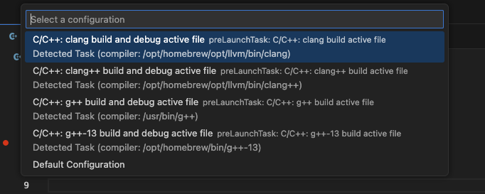 debug select c/c++ second option
