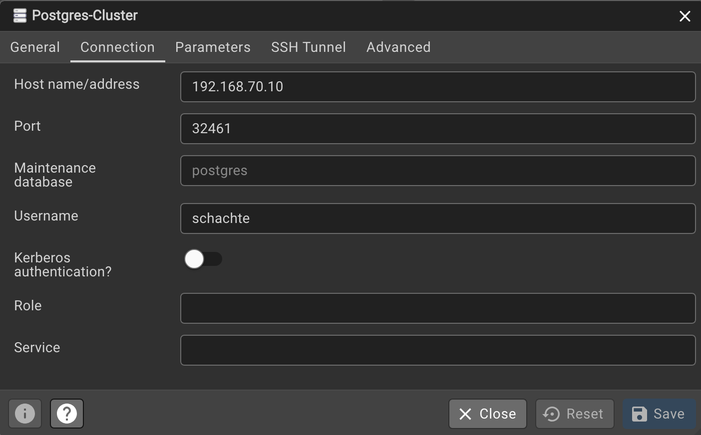 PGAdmin database connection setup