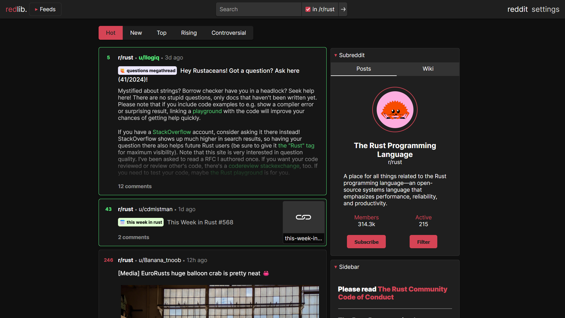 Stock Redlib showing r/rust